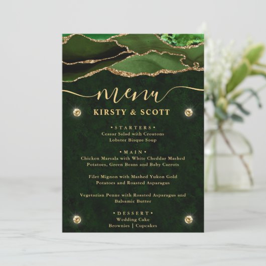 Elegant Green & Gold Faux Glitter Agate Wedding Menu (Staand voorkant)