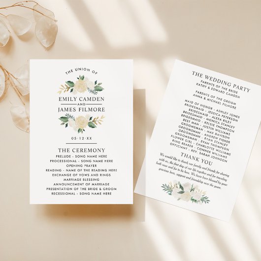 Elegant Green Gold Floral Greenery Wedding Programmakaart