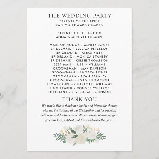 Elegant Green Gold Floral Greenery Wedding Programmakaart (Achterkant)