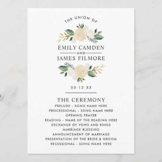 Elegant Green Gold Floral Greenery Wedding Programmakaart (Voorkant)