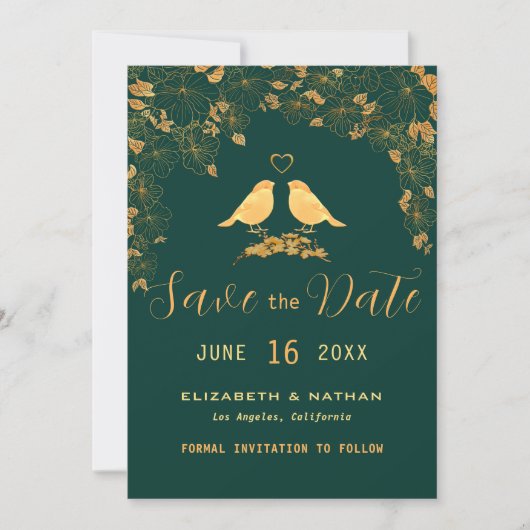 Elegant Green & Gold Floral vogels Aangepaste foto Save The Date (Voorkant)