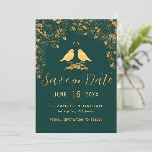 Elegant Green & Gold Floral vogels Aangepaste foto Save The Date (Staand voorkant)