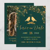Elegant Green & Gold Floral vogels Aangepaste foto Save The Date (Voorkant / Achterkant)