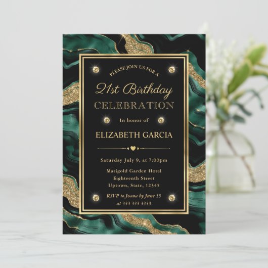 Elegant Green & Gold Glitter Agate 21st Birthday Kaart (Staand voorkant)