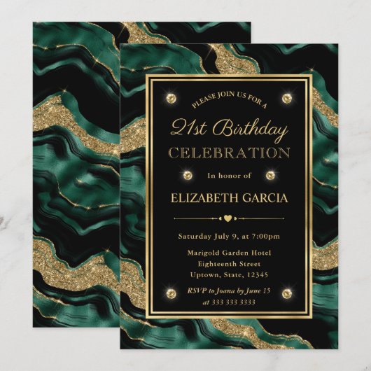 Elegant Green & Gold Glitter Agate 21st Birthday Kaart (Voorkant / Achterkant)