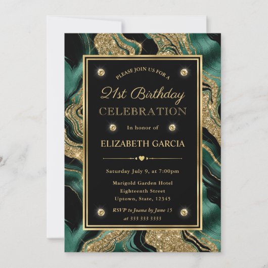Elegant Green & Gold Glitter Agate 21st Birthday Kaart (Voorkant)