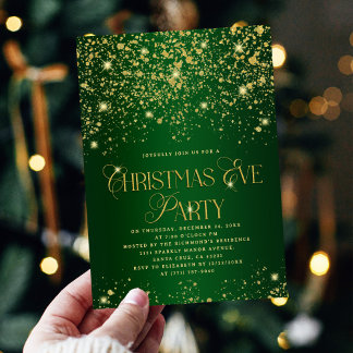 Elegant Green Gold Glitter Christmas Eve Party Kaart