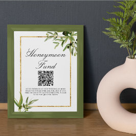 Elegant Green Gold Leaf Wedding Honeymoon Fonds Poster