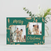 Elegant Green Gold Leaves 2 Photo-kerstkaart (Staand voorkant)