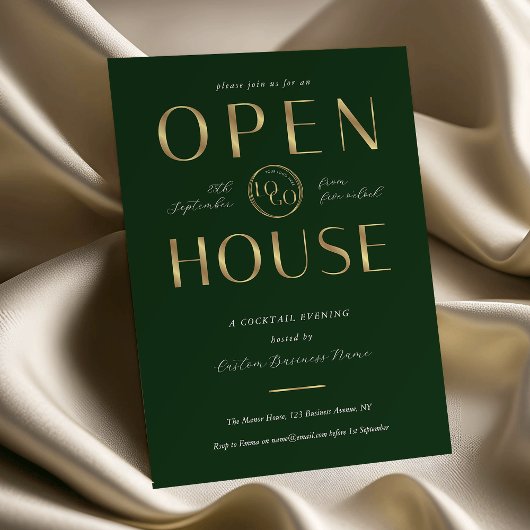 Elegant Green & Gold Logo Business Open House Kaart
