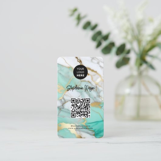 Elegant Green Gold Marble Logo & QR Code Modern Visitekaartje (Staand voorkant)