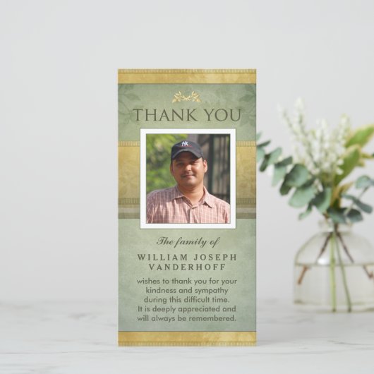 Elegant Green & Gold Memorial Hartelijk dank Bedankkaart (Staand voorkant)