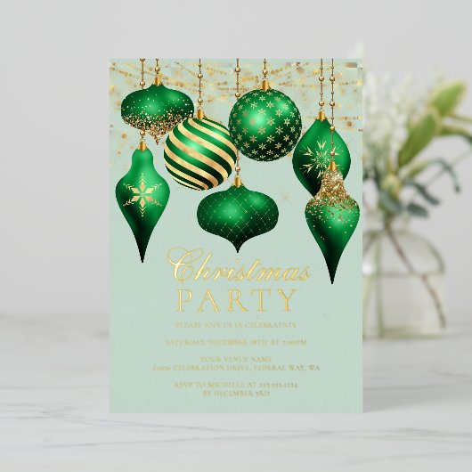 Elegant Green Gold Ornaments kerstparty Folie Uitnodiging (Staand Voorkant)