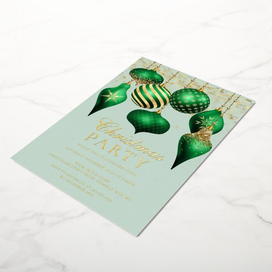 Elegant Green Gold Ornaments kerstparty Folie Uitnodiging (Gedraaid)