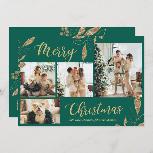 Elegant Green Gold Photo Collage-kerstkaart (Voorkant / Achterkant)