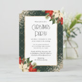 Elegant Green Gold Poinsettia Christmas Party Kaart (Staand voorkant)