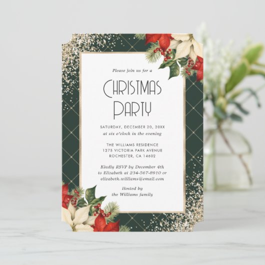Elegant Green Gold Poinsettia Christmas Party Kaart (Staand voorkant)