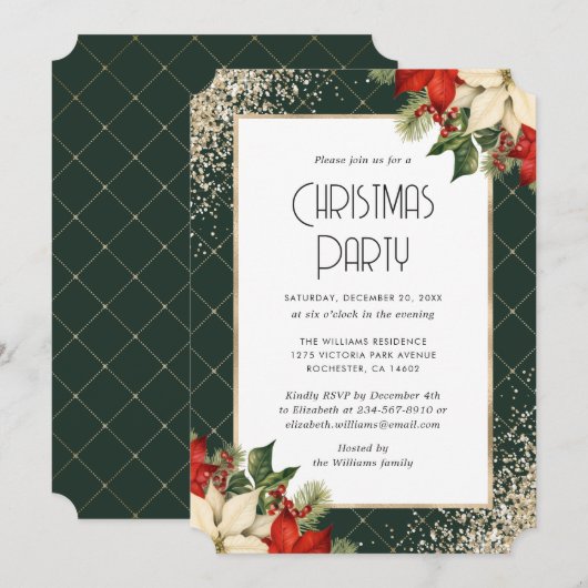 Elegant Green Gold Poinsettia Christmas Party Kaart (Voorkant / Achterkant)