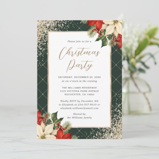 Elegant Green Gold Poinsettia Christmas Party Kaart (Staand voorkant)