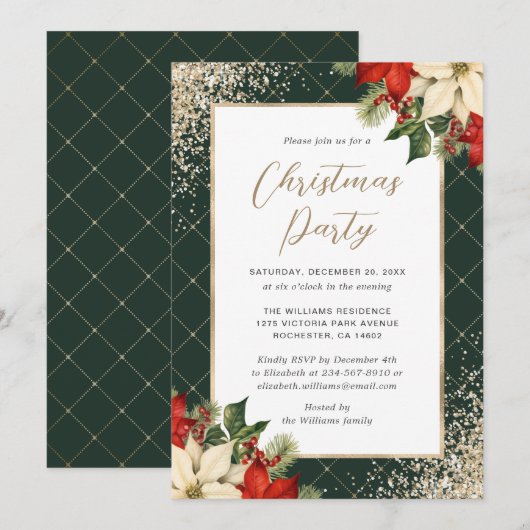 Elegant Green Gold Poinsettia Christmas Party Kaart (Voorkant / Achterkant)