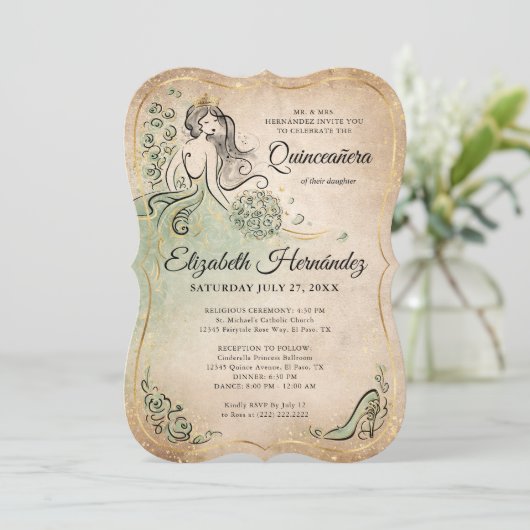 Elegant Green Gold Princess Quinceanera Birthday Kaart (Staand voorkant)