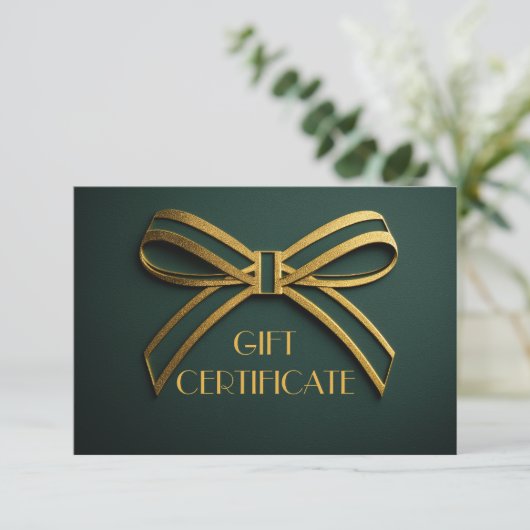 Elegant Green & Gold Ribbon Gift Certificate Card  (Staand voorkant)