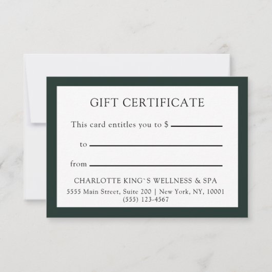 Elegant Green & Gold Ribbon Gift Certificate Card  (Achterkant)