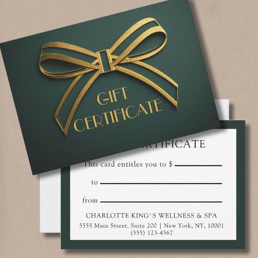 Elegant Green & Gold Ribbon Gift Certificate Card 