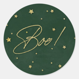 Elegant Green+Gold Scattered Stars Boo! Halloween Ronde Sticker