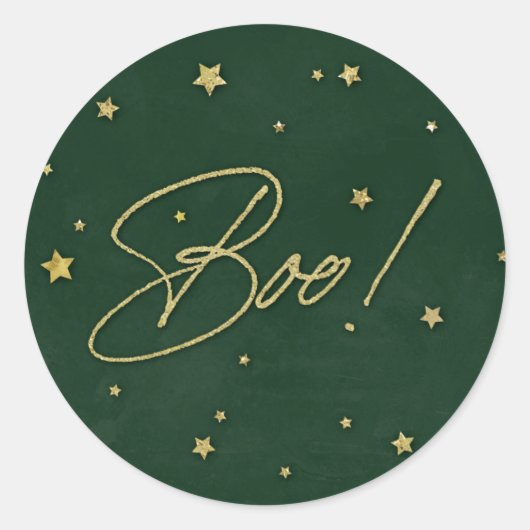 Elegant Green+Gold Scattered Stars Boo! Halloween Ronde Sticker (Voorkant)