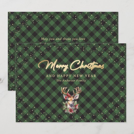 Elegant Green Gold Snow Reindeer Merry kerst Feestdagenkaart (Voorkant / Achterkant)