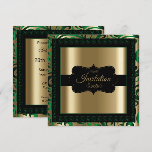 Elegant Green & Gold Swirls Party Sjabloon Kaart (Voorkant / Achterkant)
