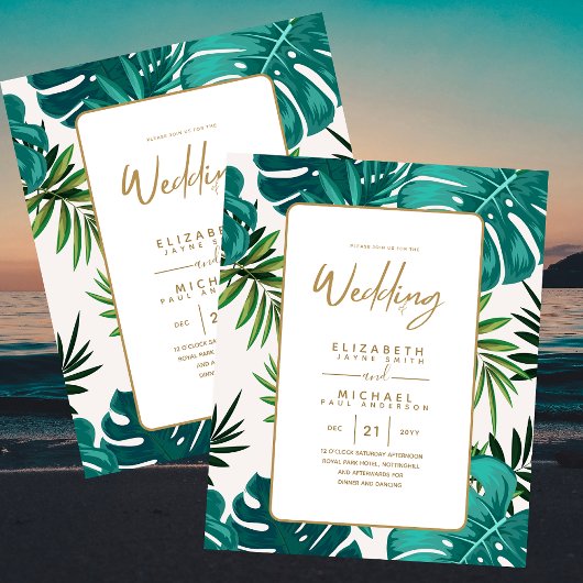 Elegant Green Gold Tropical Island Wedding Invites