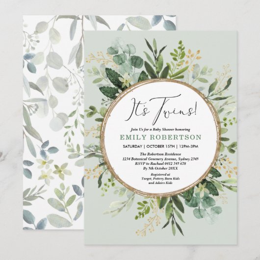 Elegant Green Gold Twins Greenery Baby shower Kaart (Voorkant / Achterkant)