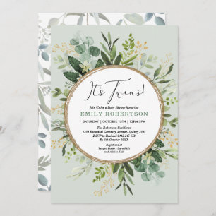 Elegant Green Gold Twins Greenery Baby shower Kaart