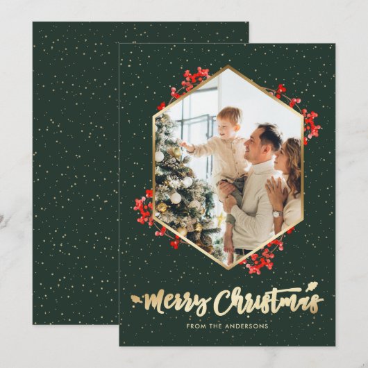 Elegant Green Gold Waterverf Foto met Kerstmis Feestdagenkaart (Voorkant / Achterkant)