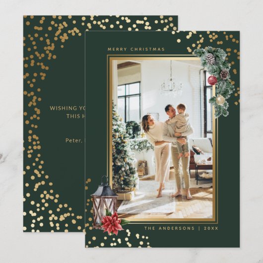 Elegant Green Gold Waterverf Foto met Kerstmis Feestdagenkaart (Voorkant / Achterkant)