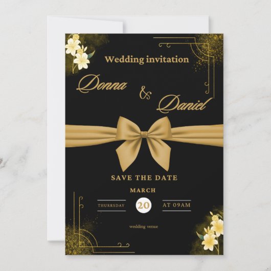 Elegant Green & Gold Wedding Invitation with Flora Kaart (Voorkant)