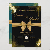Elegant Green & Gold Wedding Invitation with Flora Kaart (Voorkant / Achterkant)
