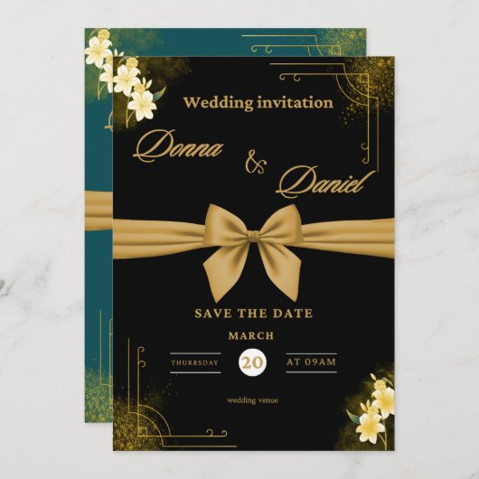 Elegant Green & Gold Wedding Invitation with Flora Kaart (Voorkant / Achterkant)