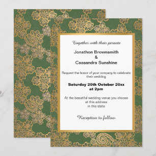 ELEGANT GREEN GOLD WHITE LACE WEDDING INVITATION KAART