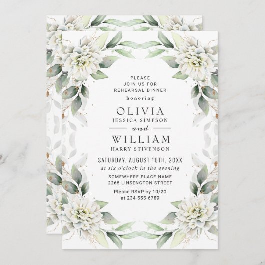 Elegant Green Golden Greenery REHEARSAL DINNER Kaart (Voorkant / Achterkant)