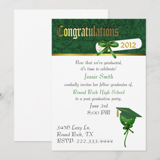 Elegant Green Graduation Party Invitation Kaart (Voorkant / Achterkant)