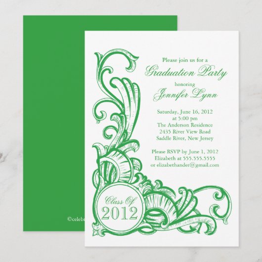 Elegant  Green Graduparty Invitation Kaart (Voorkant / Achterkant)