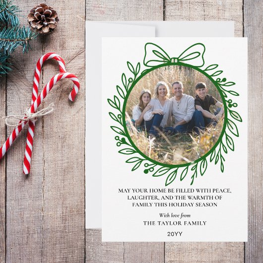 Elegant Green Hand Drawn Bow Wreath Christmas Feestdagenkaart