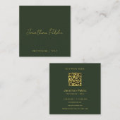 Elegant Green Handwritten Script Gold Text QR Code Vierkante Visitekaartje (Voorkant / Achterkant)