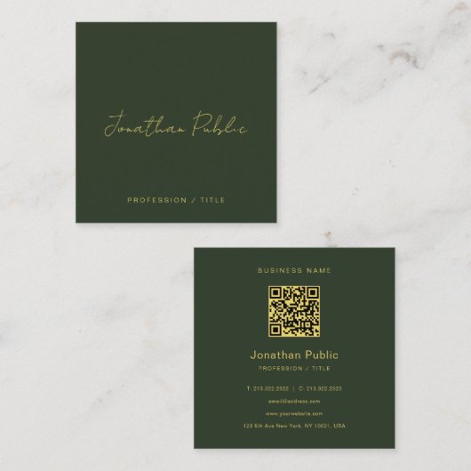 Elegant Green Handwritten Script Gold Text QR Code Vierkante Visitekaartje (Voorkant / Achterkant)
