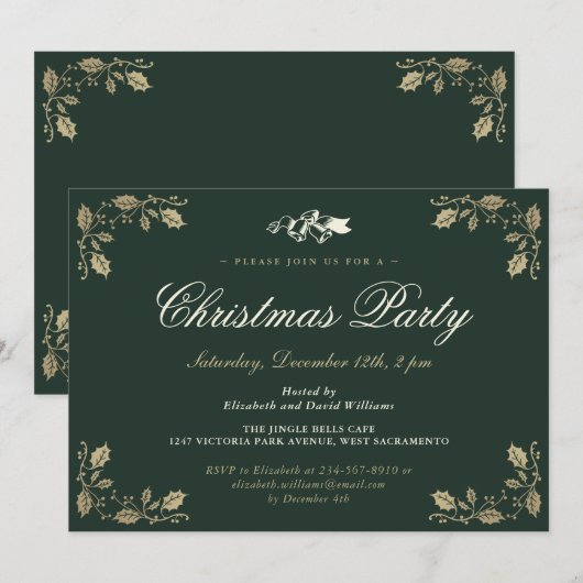 Elegant Green Holly Bells kerstfeestdag Kaart (Voorkant / Achterkant)