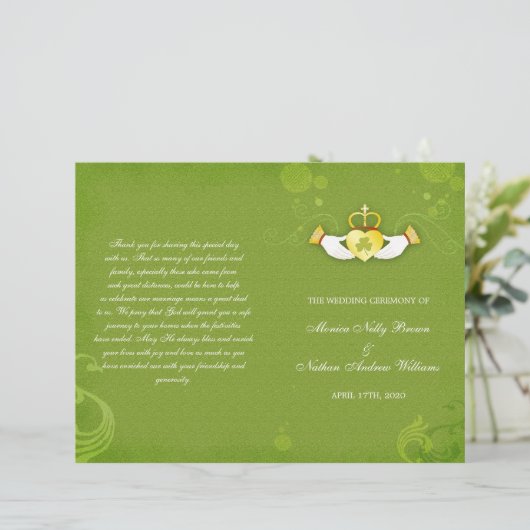 Elegant Green Irish Bi Fold Wedding Programs (Staand voorkant)