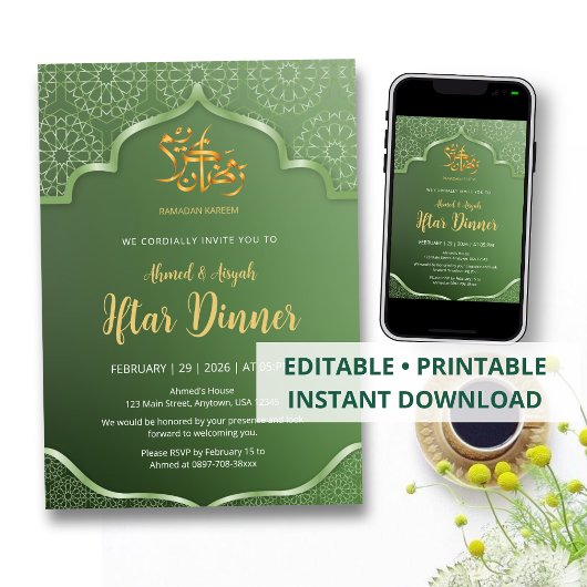 Elegant Green Islamic Geometric Pattern Iftar Kaart